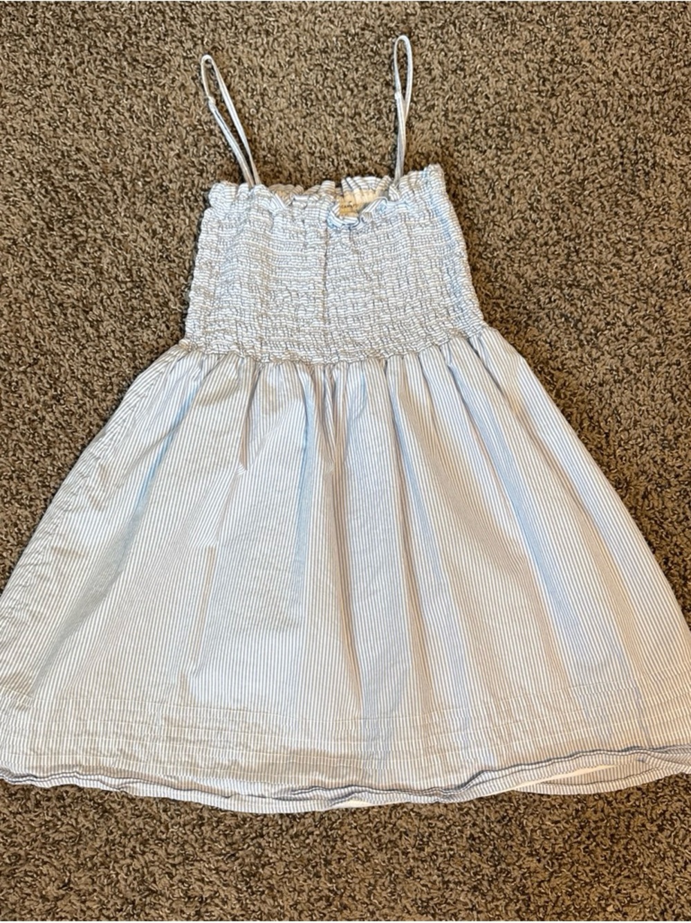 White & Light Blue Striped Smocked Sundress